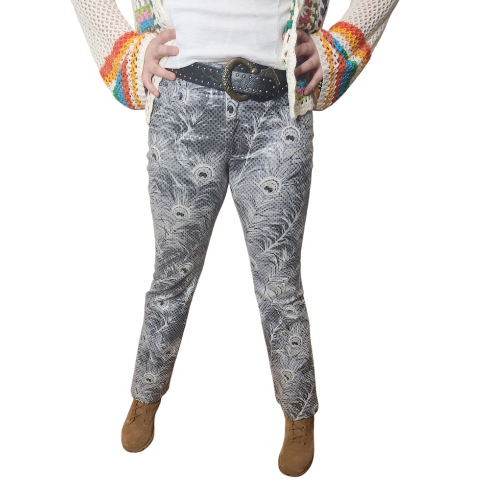 R.V.T.  Sequin Style Fabric‎ Peacock Feather Patterned Flare Jean Jr Size 13/14
